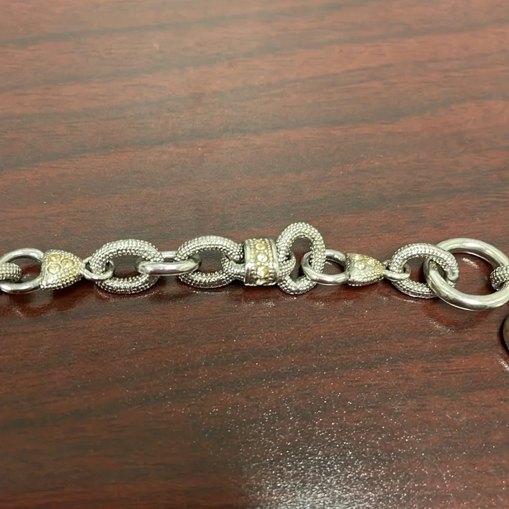 Vintage 925 Textured Silver Heart and Cubic Zirconia Toggle Bracelet